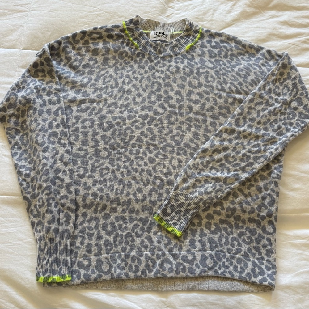 Gray Leopard Print 100% Cashmere Sweater with Neon Accents